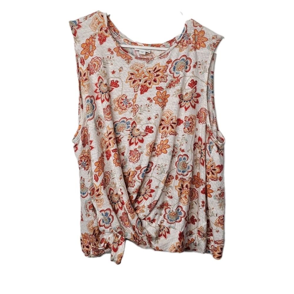 J. Jill Love Linen Top Womens XL‎ Cream Orange Floral Sleeveless Twist Front